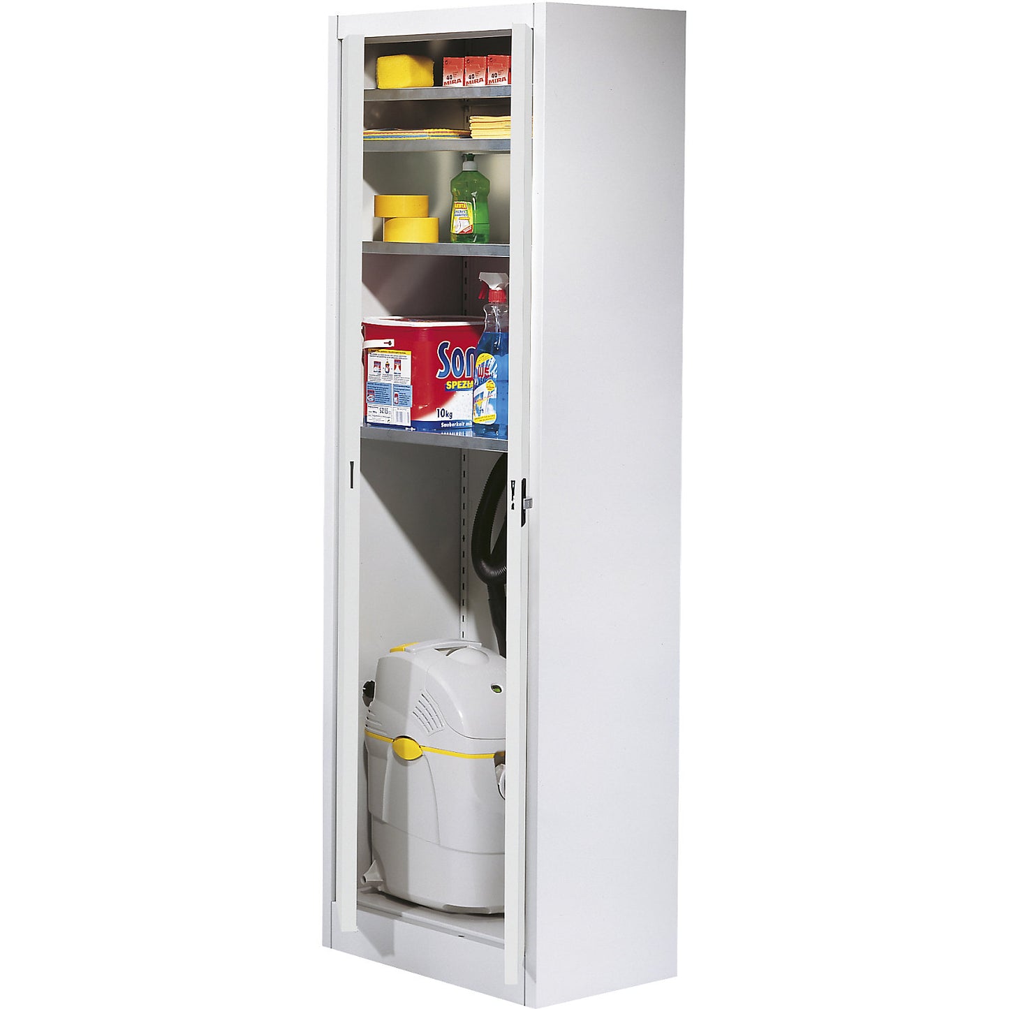 Storage cupboard, HxW 1950 x 600 mm, depth 500 mm, housing and doors light grey.