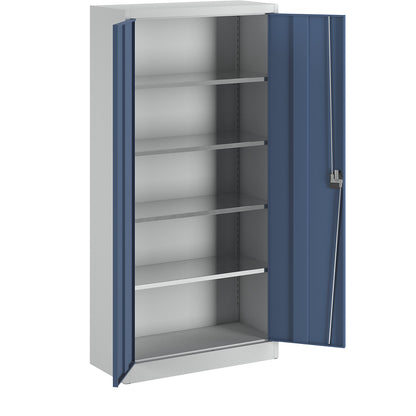 Storage cupboard, HxW 1950 x 950 mm, depth 420 mm, housing light grey, doors brilliant blue.