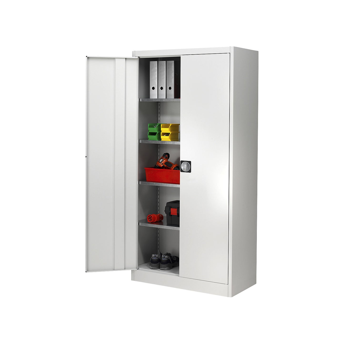 Storage cupboard, HxW 1950 x 950 mm, depth 500 mm, housing and doors light grey.