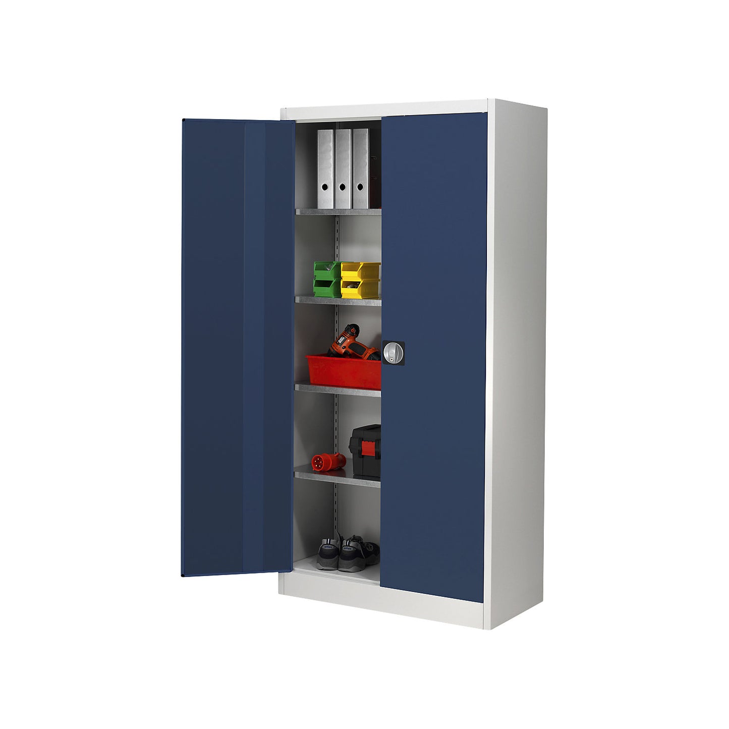 Storage cupboard, HxW 1950 x 950 mm, depth 500 mm, housing light grey, doors brilliant blue.