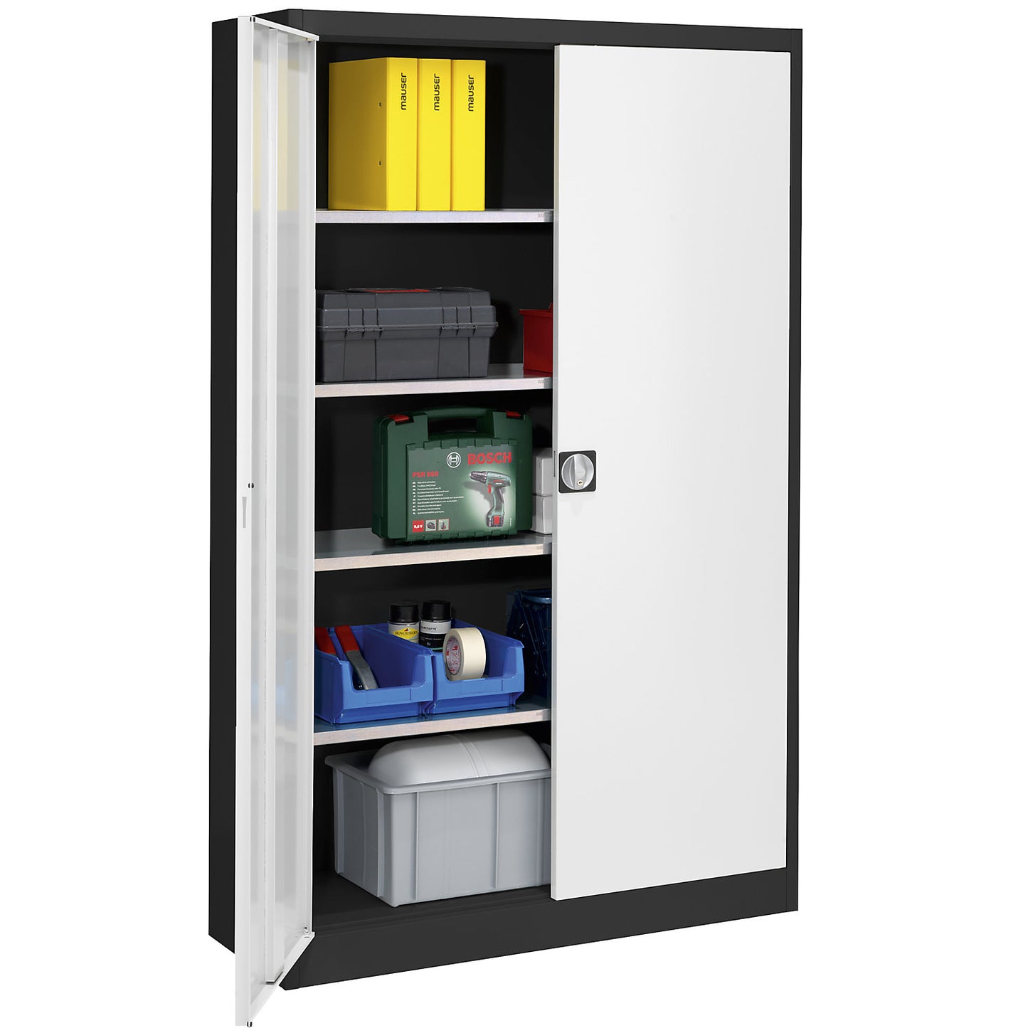 Storage cupboard, HxWxD 1950 x 1200 x 500 mm, graphite black / light grey.