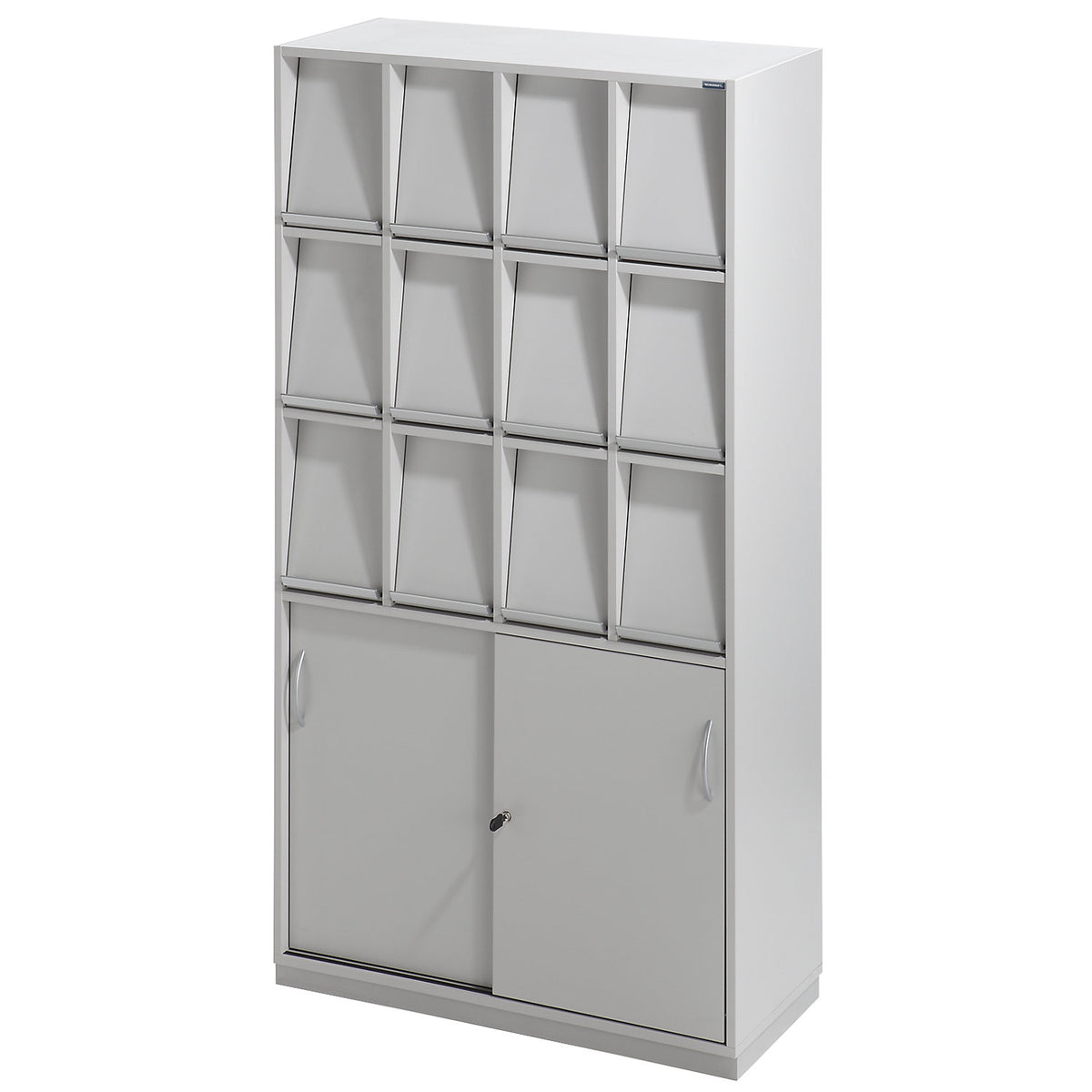 Brochure cupboard, with 12 flaps and sliding door cupboard, HxWxD 1864 x 1000 x 420 mm.