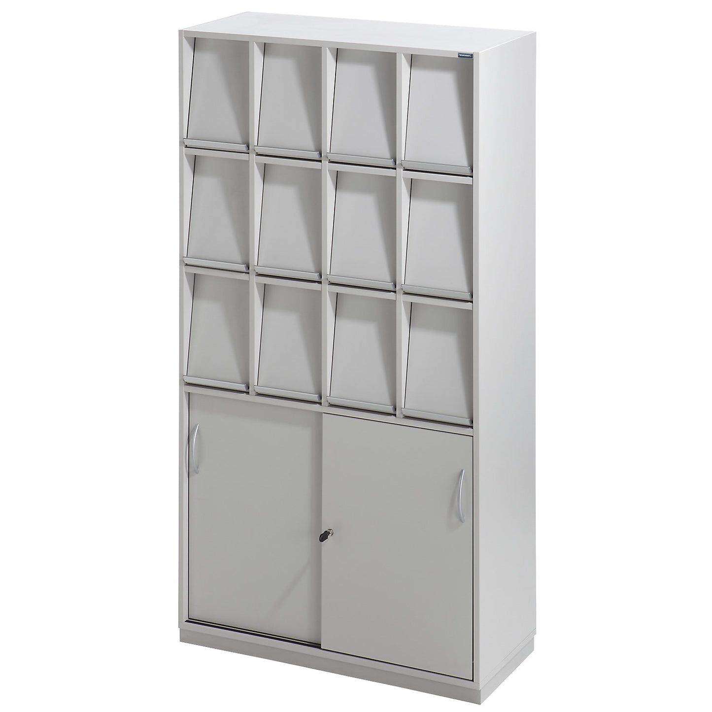 Brochure cupboard, with 12 flaps and sliding door cupboard, HxWxD 1864 x 1000 x 420 mm.
