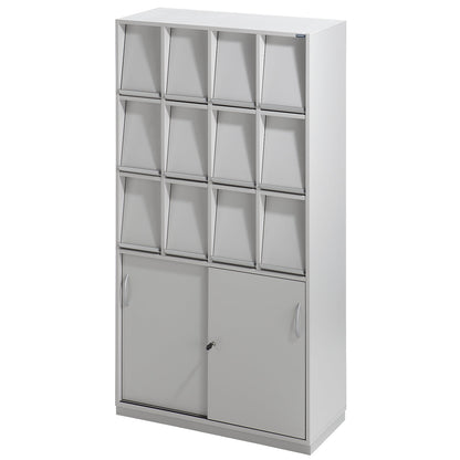 Brochure cupboard, with 12 flaps and sliding door cupboard, HxWxD 1864 x 1000 x 420 mm.