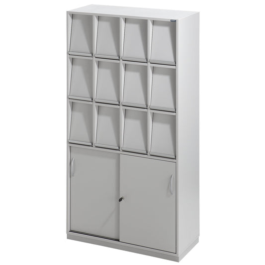 Brochure cupboard, with 12 flaps and sliding door cupboard, HxWxD 1864 x 1000 x 420 mm.
