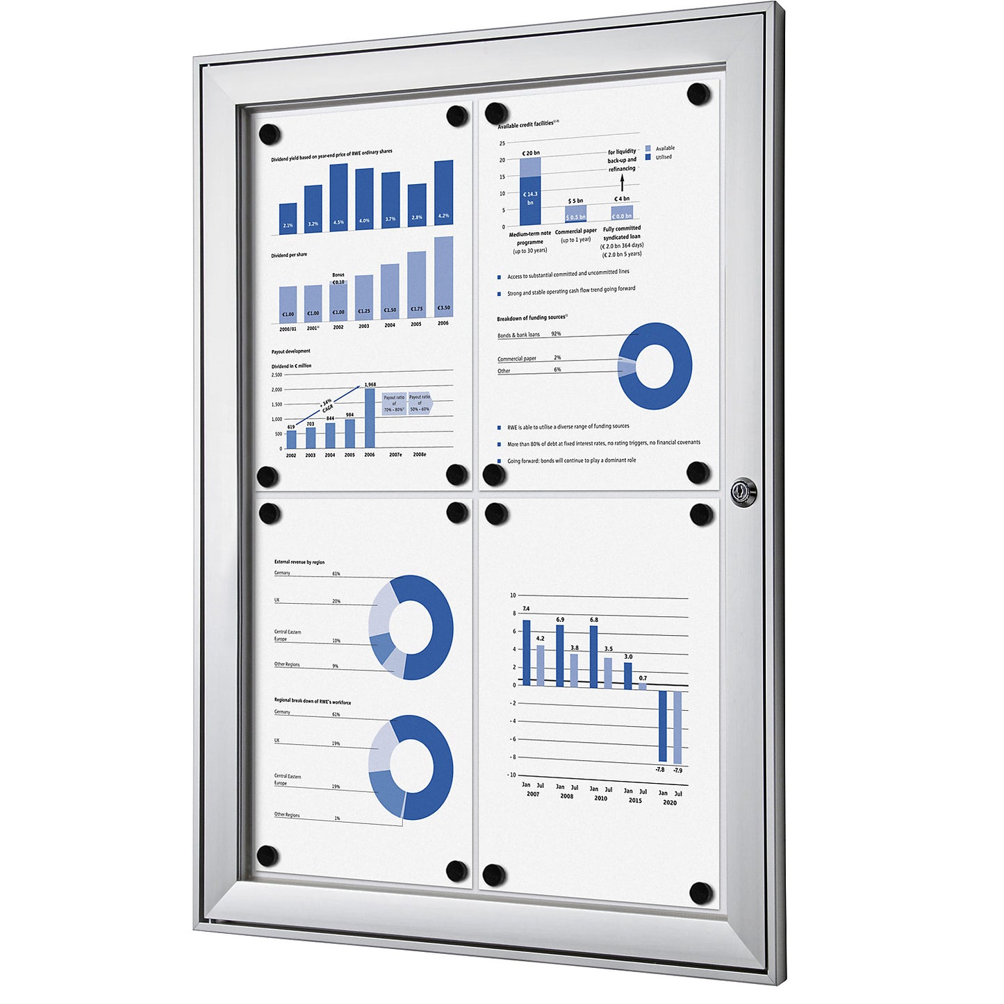 Display case with hinged door, external WxHxD 522 x 697 x 33 mm, metal rear panel.