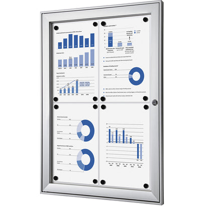 Display case with hinged door, external WxHxD 522 x 697 x 33 mm, metal rear panel.