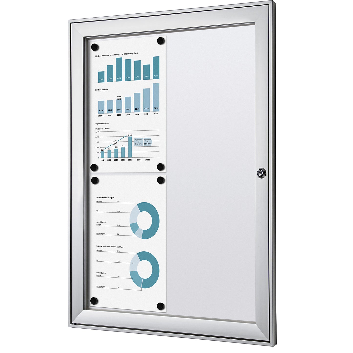Display case with hinged door, external WxHxD 522 x 697 x 33 mm, metal rear panel.