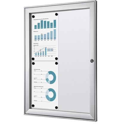 Display case with hinged door, external WxHxD 522 x 697 x 33 mm, metal rear panel.