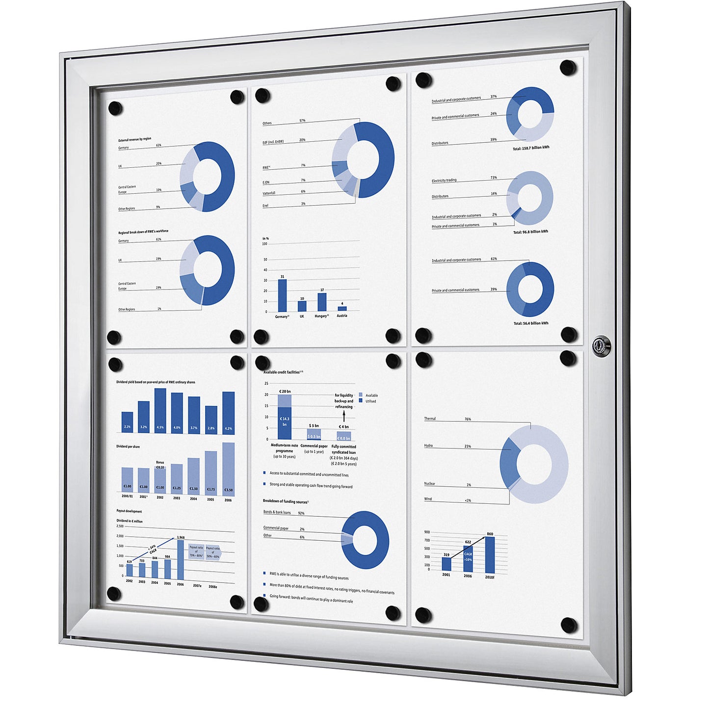 Display case with hinged door, external WxHxD 742 x 697 x 33 mm, metal rear panel.