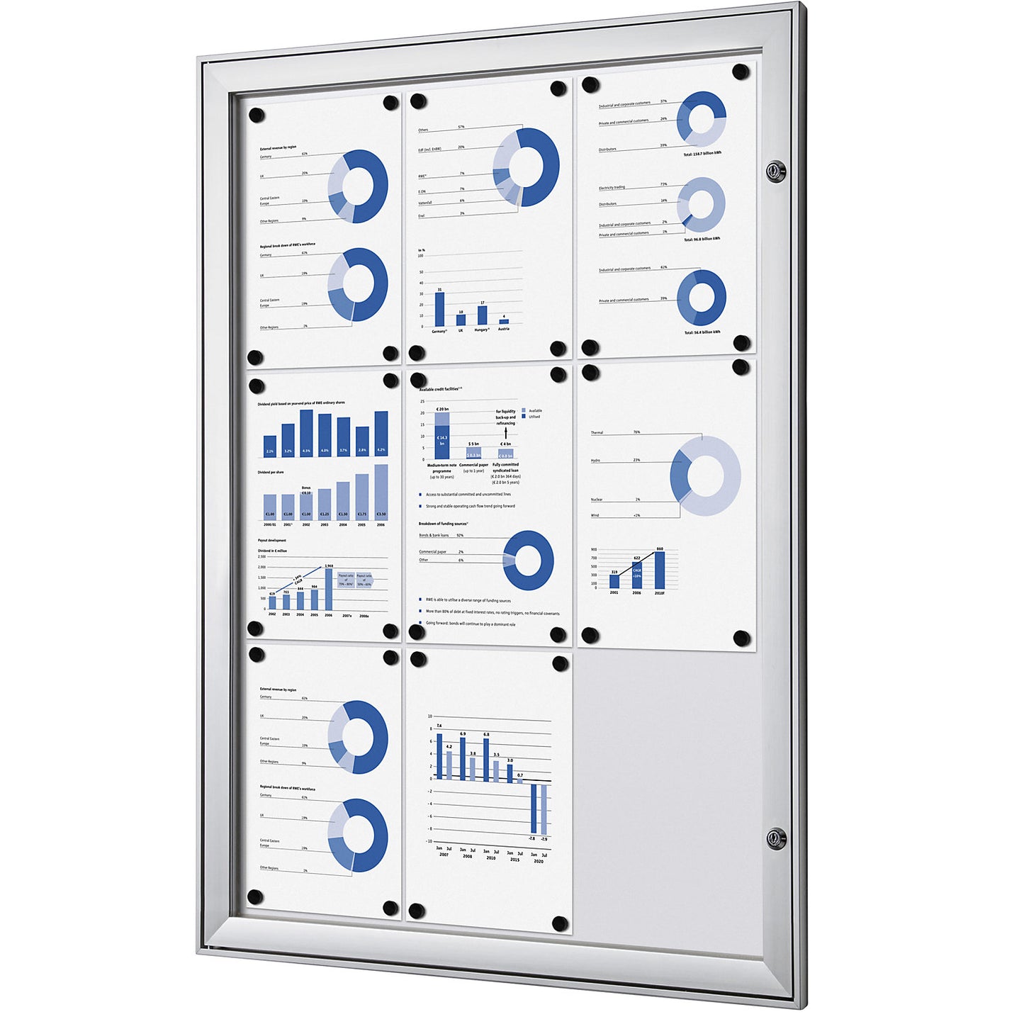 Display case with hinged door, external WxHxD 742 x 1005 x 33 mm, metal rear panel.