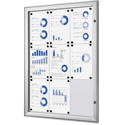 Display case with hinged door, external WxHxD 742 x 1005 x 33 mm, metal rear panel.