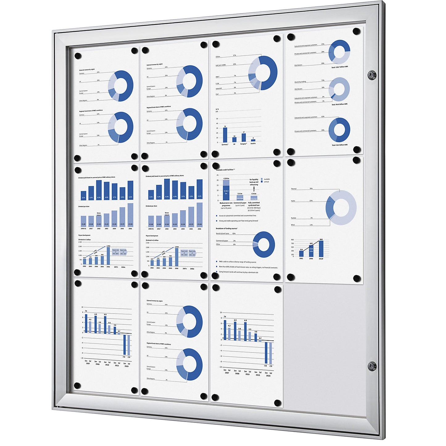 Display case with hinged door, external WxHxD 960 x 1005 x 33 mm, metal rear panel.