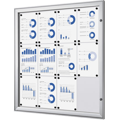 Display case with hinged door, external WxHxD 960 x 1005 x 33 mm, metal rear panel.