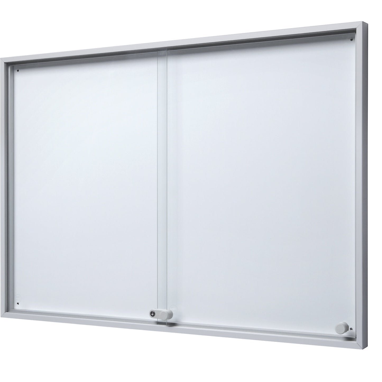 Display case with sliding doors, external WxHxD 906 x 640 x 50 mm, metal rear panel.