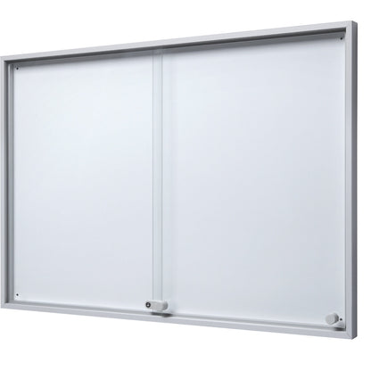Display case with sliding doors, external WxHxD 906 x 640 x 50 mm, metal rear panel.