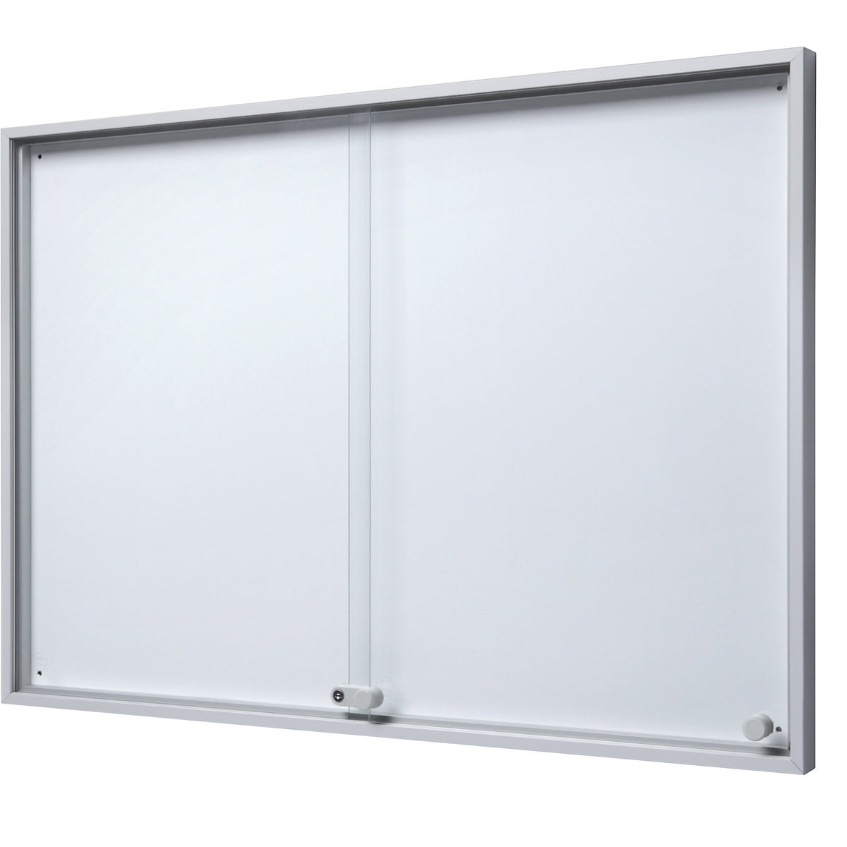 Display case with sliding doors, external WxHxD 906 x 640 x 50 mm, metal rear panel.