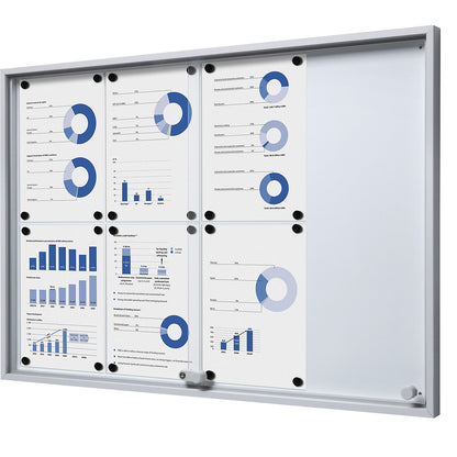 Display case with sliding doors, external WxHxD 906 x 640 x 50 mm, metal rear panel.