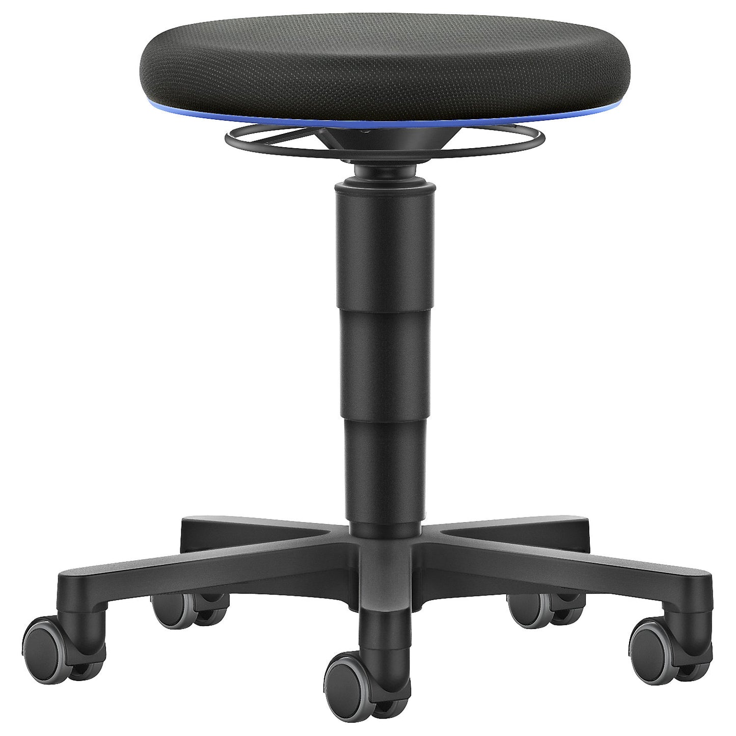 Allround stool, with castors, fabric, colour ring in blue.