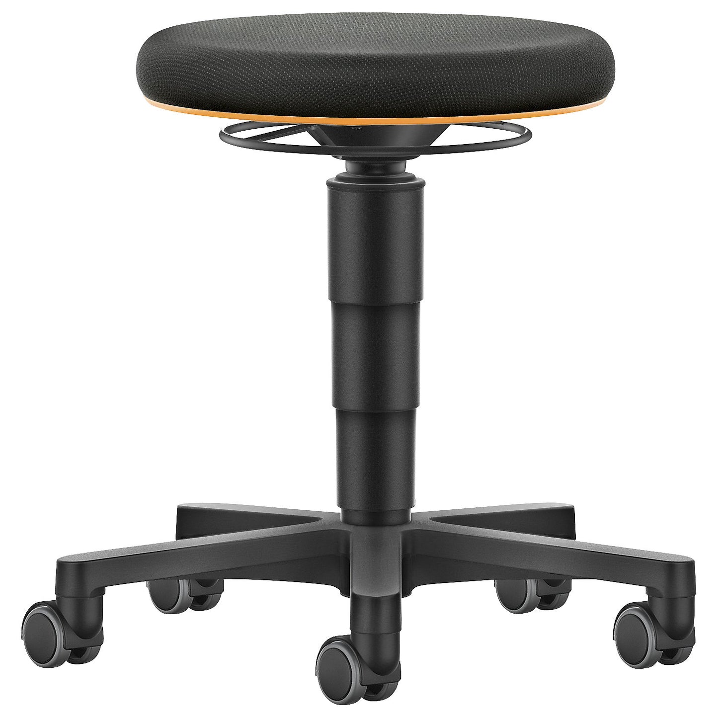 Allround stool, with castors, fabric, colour ring in orange.