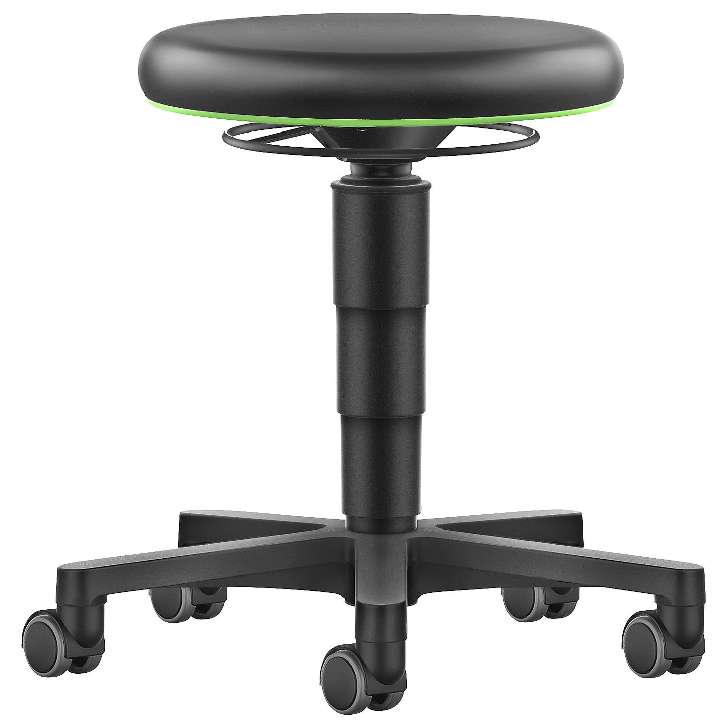 Allround stool, with castors, vinyl, colour ring in green.