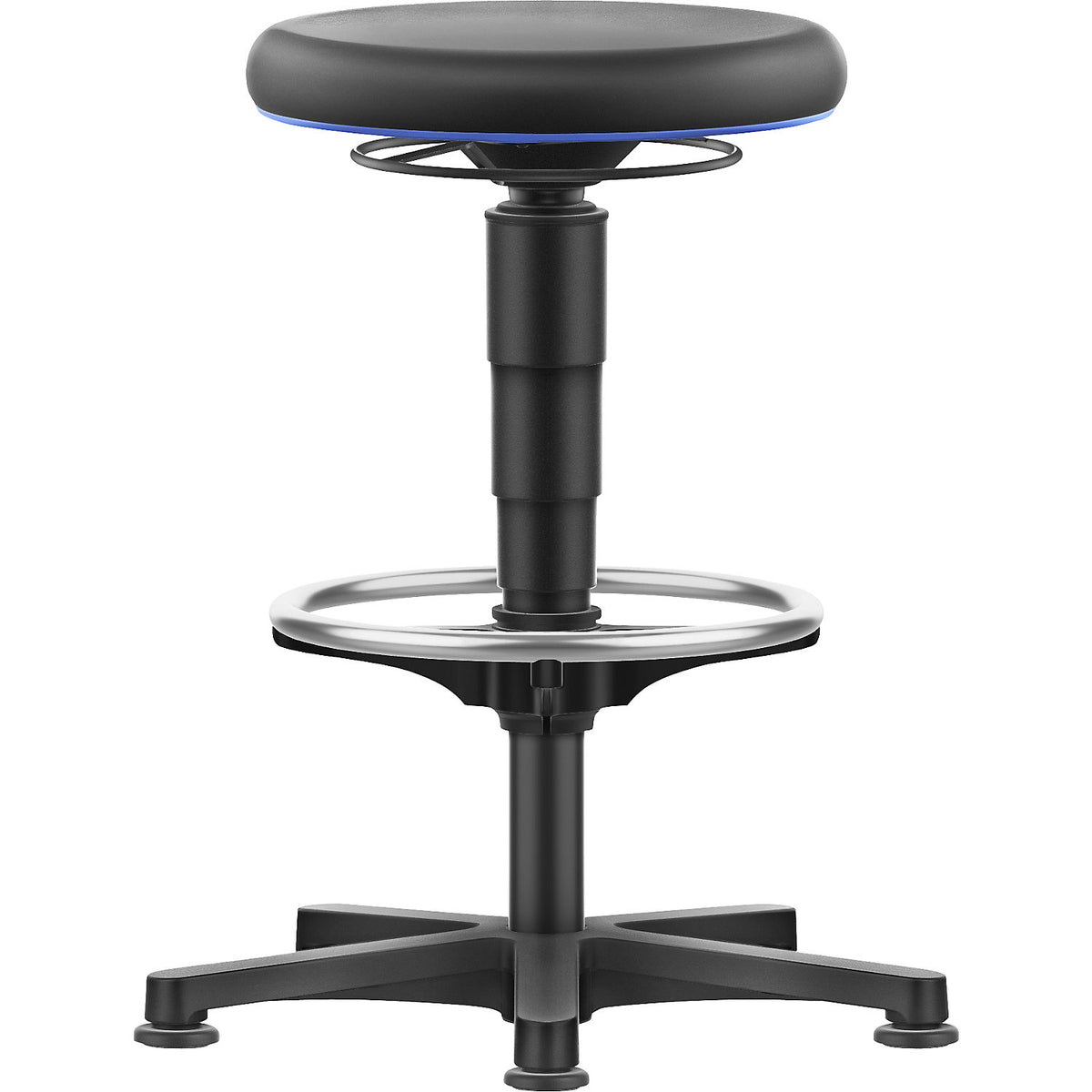 Allround stool, with glides, foot ring, PU foam, colour ring in blue.