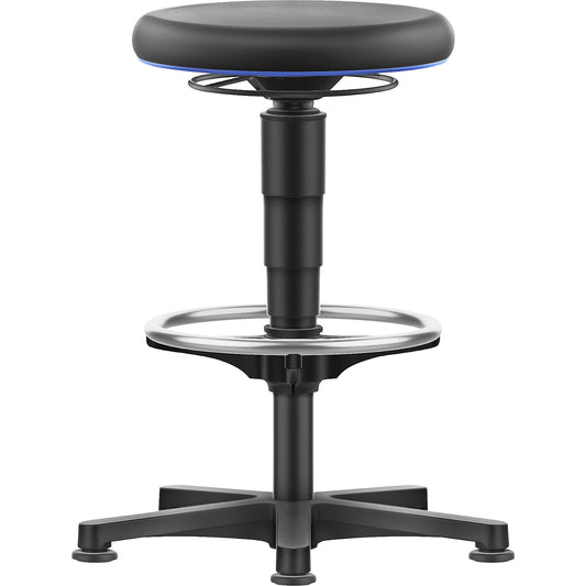 Allround stool, with glides, foot ring, PU foam, colour ring in blue.