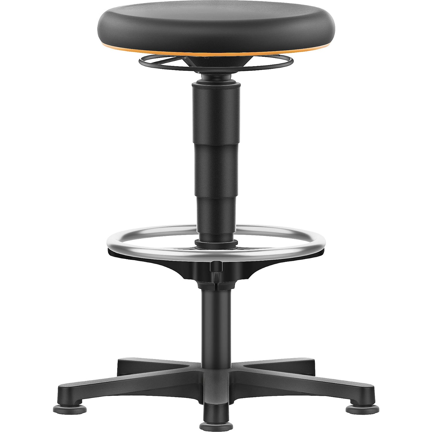Allround stool, with glides, foot ring, PU foam, colour ring in orange.