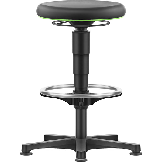 Allround stool, with glides, foot ring, PU foam, colour ring in green.