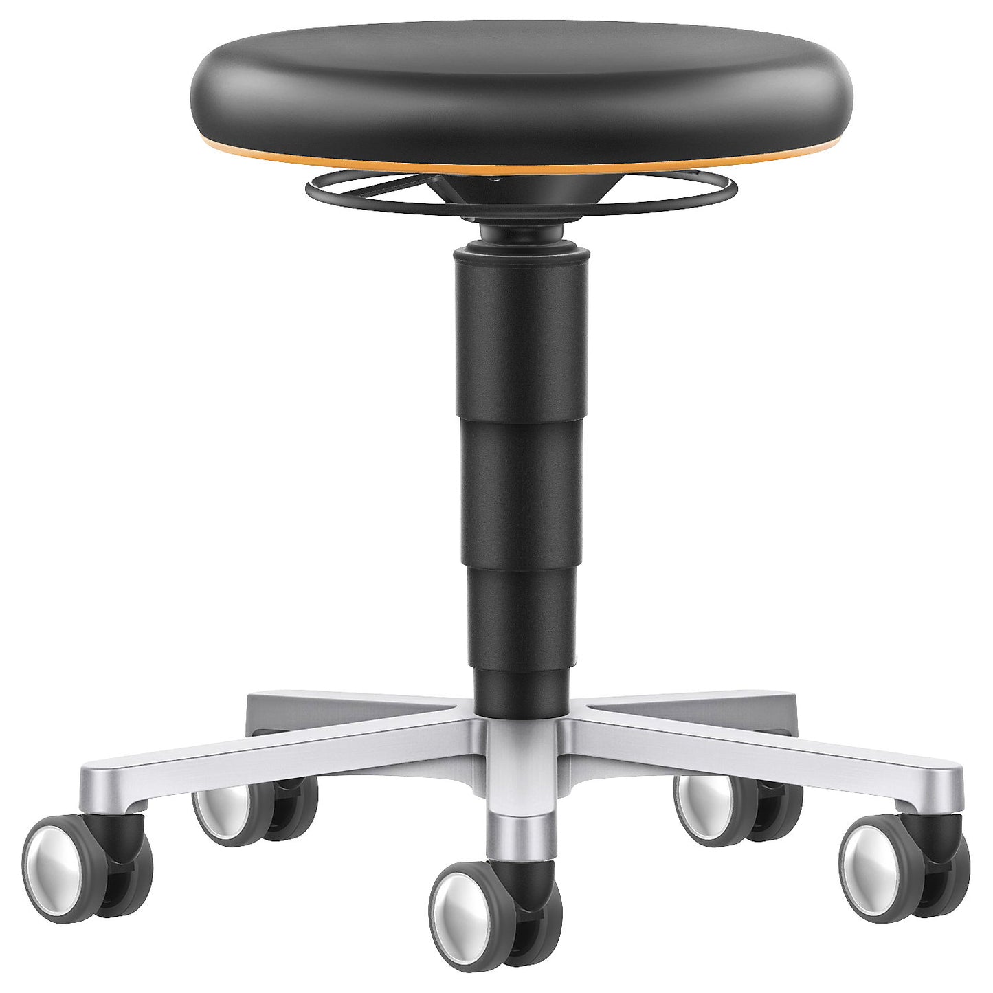 Laboratory stool, with castors, gas lift with release ring, colour ring in orange.