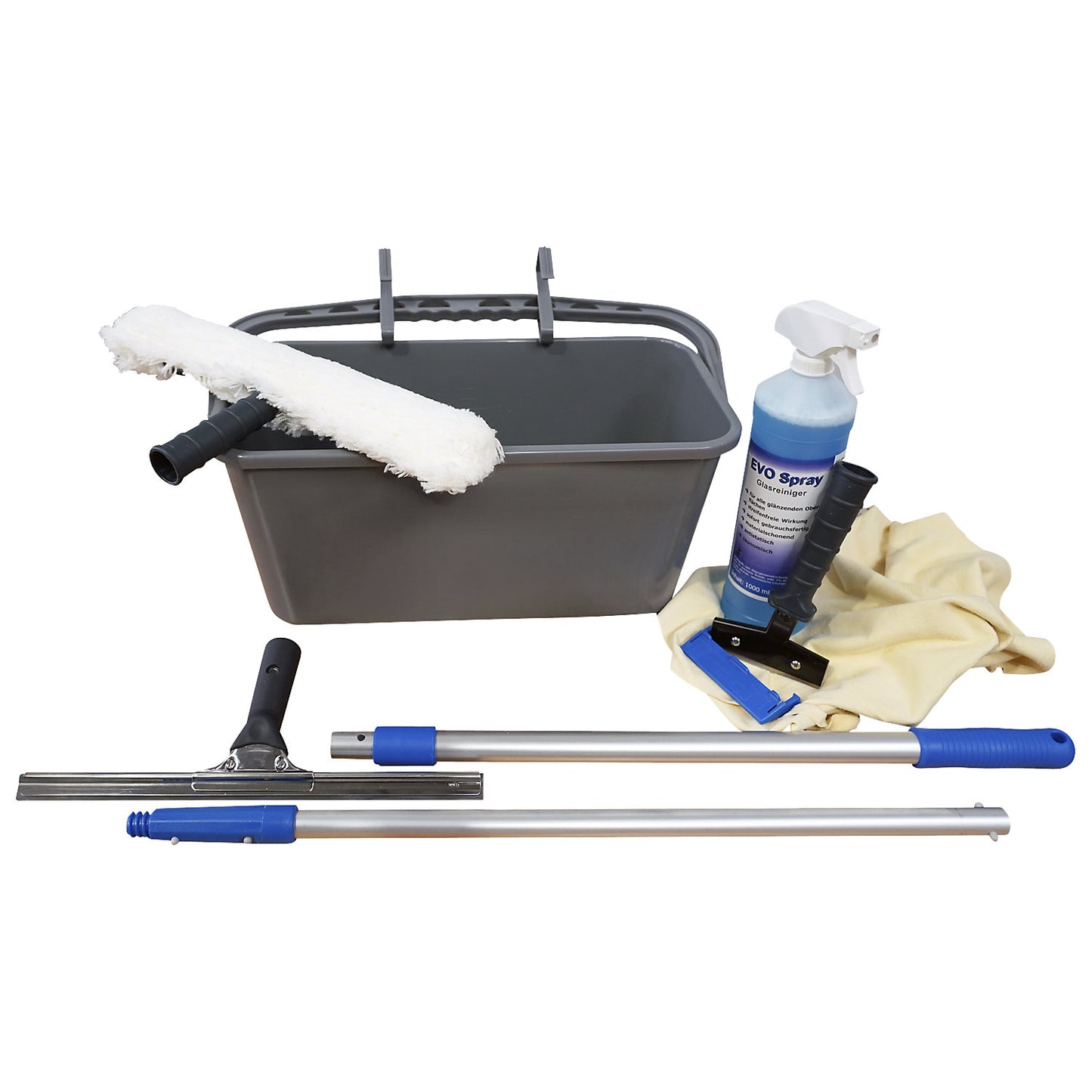 Window cleaning set for trade and industry, with 1 l of glass cleaner, for indoor and outdoor use.
