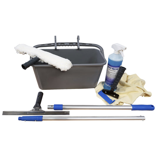 Window cleaning set for trade and industry, with 1 l of glass cleaner, for indoor and outdoor use.
