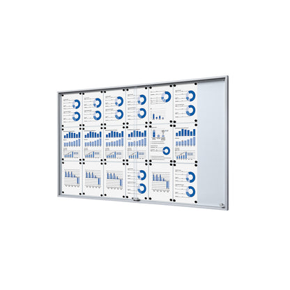 Display case with sliding doors, external WxHxD 1566 x 947 x 50 mm, metal rear panel.