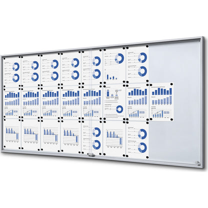Display case with sliding doors, external WxHxD 2006 x 947 x 50 mm, metal rear panel.
