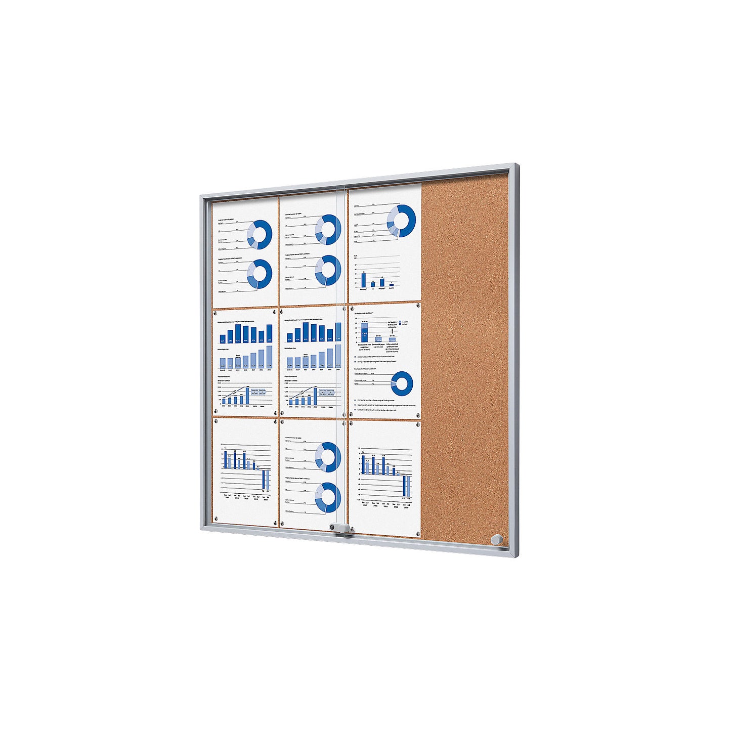 Display case with sliding doors, external WxHxD 906 x 947 x 50 mm, cork rear panel.