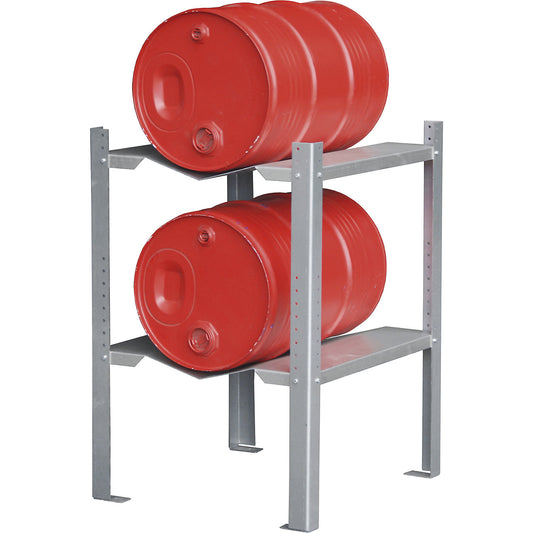 Drum and small container rack, with 2 drum supports for 60 l, HxWxD 900 x 698 x 608 mm.