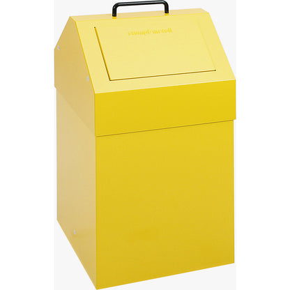 Recyclable waste collector with flap, capacity 45 l, WxHxD 320 x 650 x 310 mm, stationary, yellow RAL 1003.