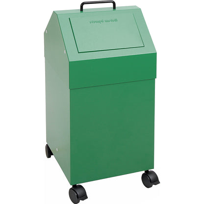 Recyclable waste collector with flap, capacity 45 l, WxHxD 320 x 710 x 310 mm, mobile, green RAL 6024.