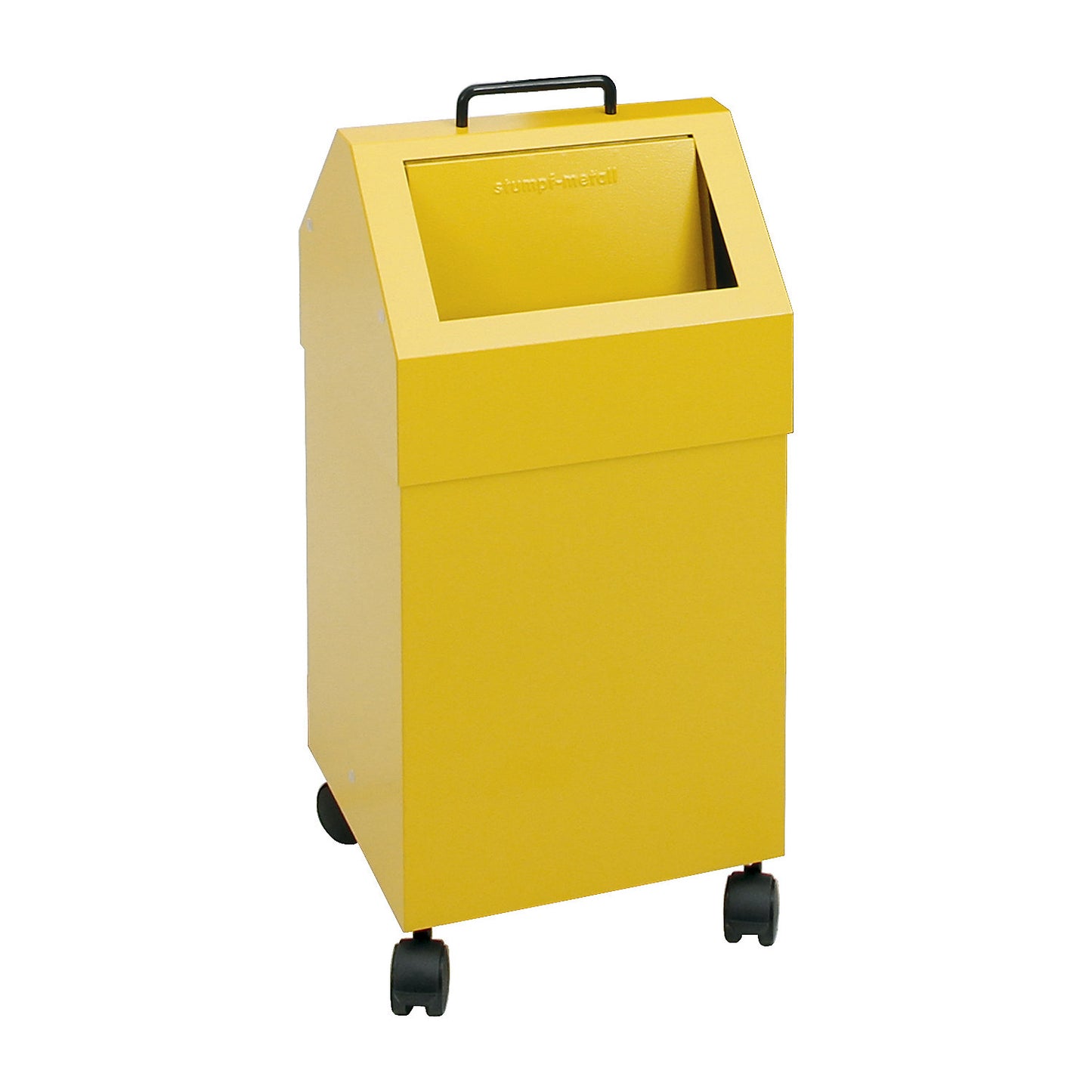 Recyclable waste collector with flap, capacity 45 l, WxHxD 320 x 710 x 310 mm, mobile, yellow RAL 1003.