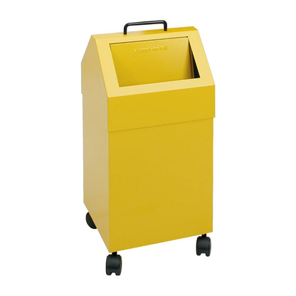 Recyclable waste collector with flap, capacity 45 l, WxHxD 320 x 710 x 310 mm, mobile, yellow RAL 1003.