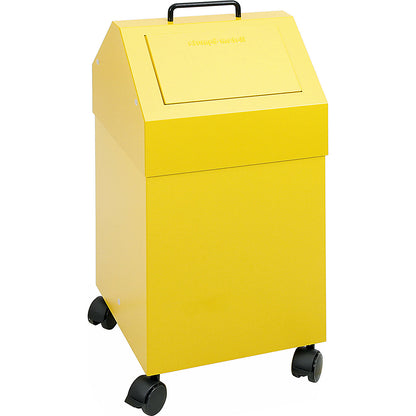 Recyclable waste collector with flap, capacity 45 l, WxHxD 320 x 710 x 310 mm, mobile, yellow RAL 1003.