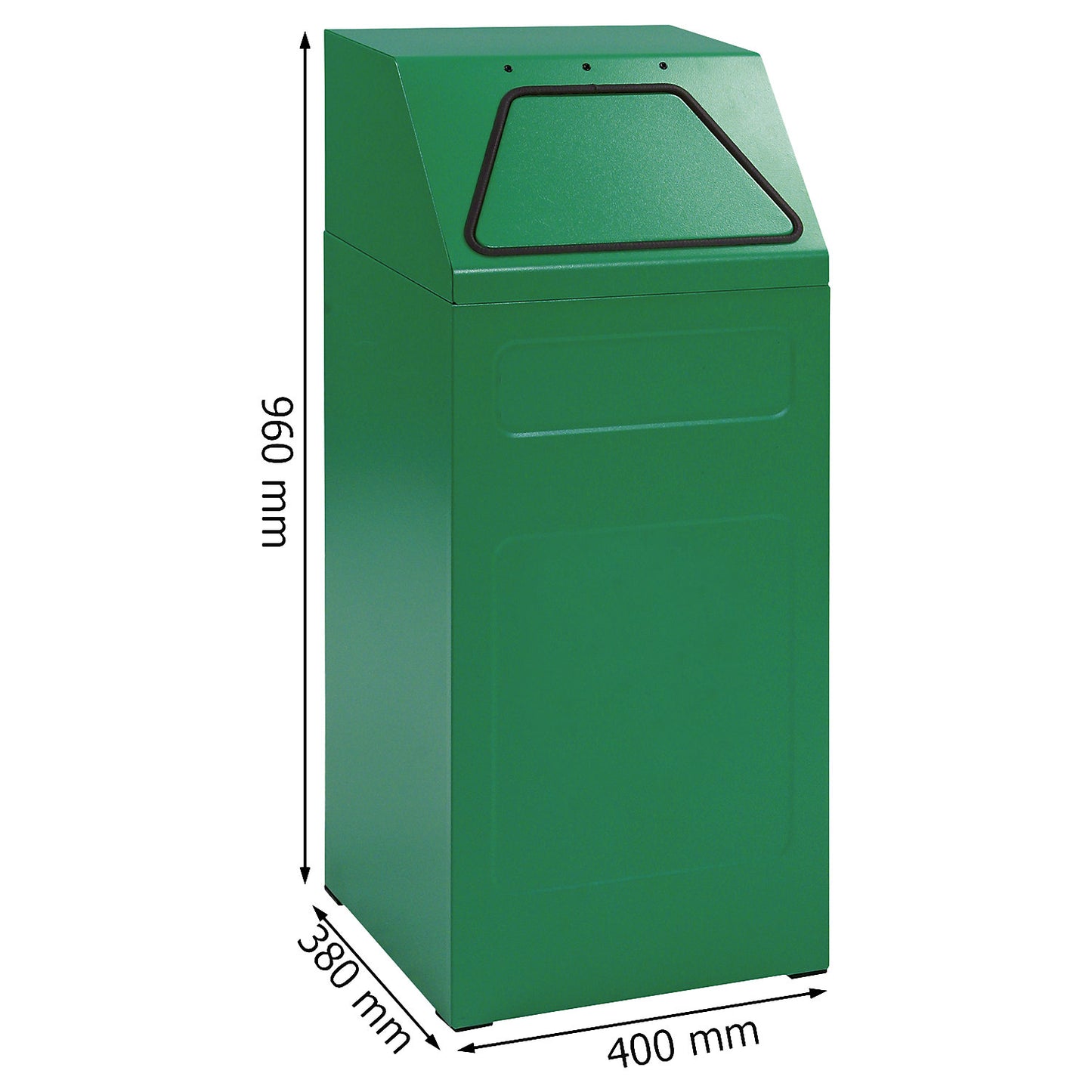 Recycling bin, fire-retardant, capacity 65 l, WxHxD 400 x 960 x 380 mm, green RAL 6024.