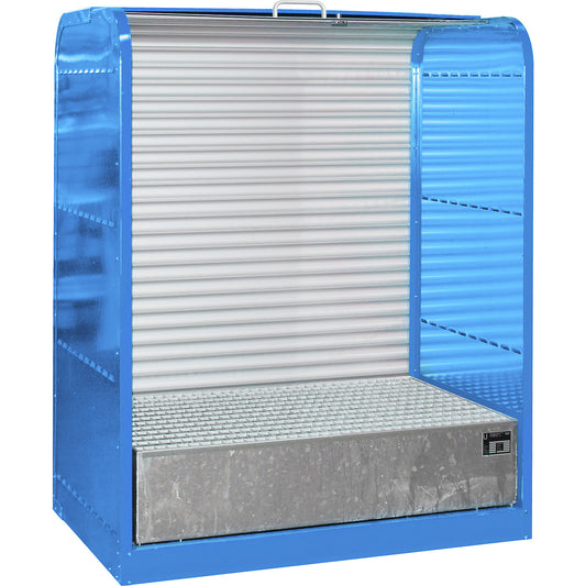 Steel hazardous goods storage with roller shutter, for 2 x 200 l drums, blue.