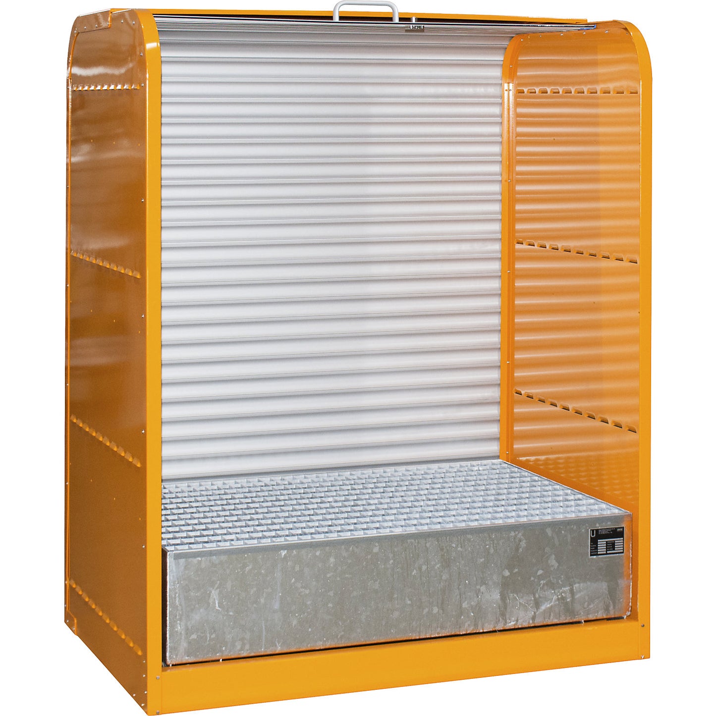 Steel hazardous goods storage with roller shutter, for 2 x 200 l drums, orange.