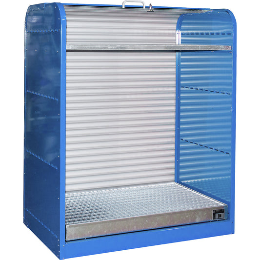 Steel hazardous goods storage with roller shutter, for 6 x 60 litre drums, 1 mesh grid shelf, blue.