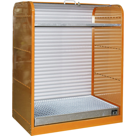 Steel hazardous goods storage with roller shutter, for 6 x 60 litre drums, 1 mesh grid shelf, orange.