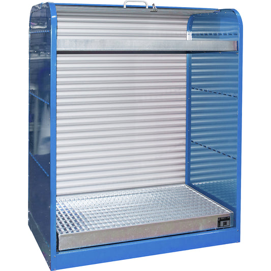 Steel hazardous goods storage with roller shutter, for 6 x 60 litre drums, 1 tray shelf, blue.