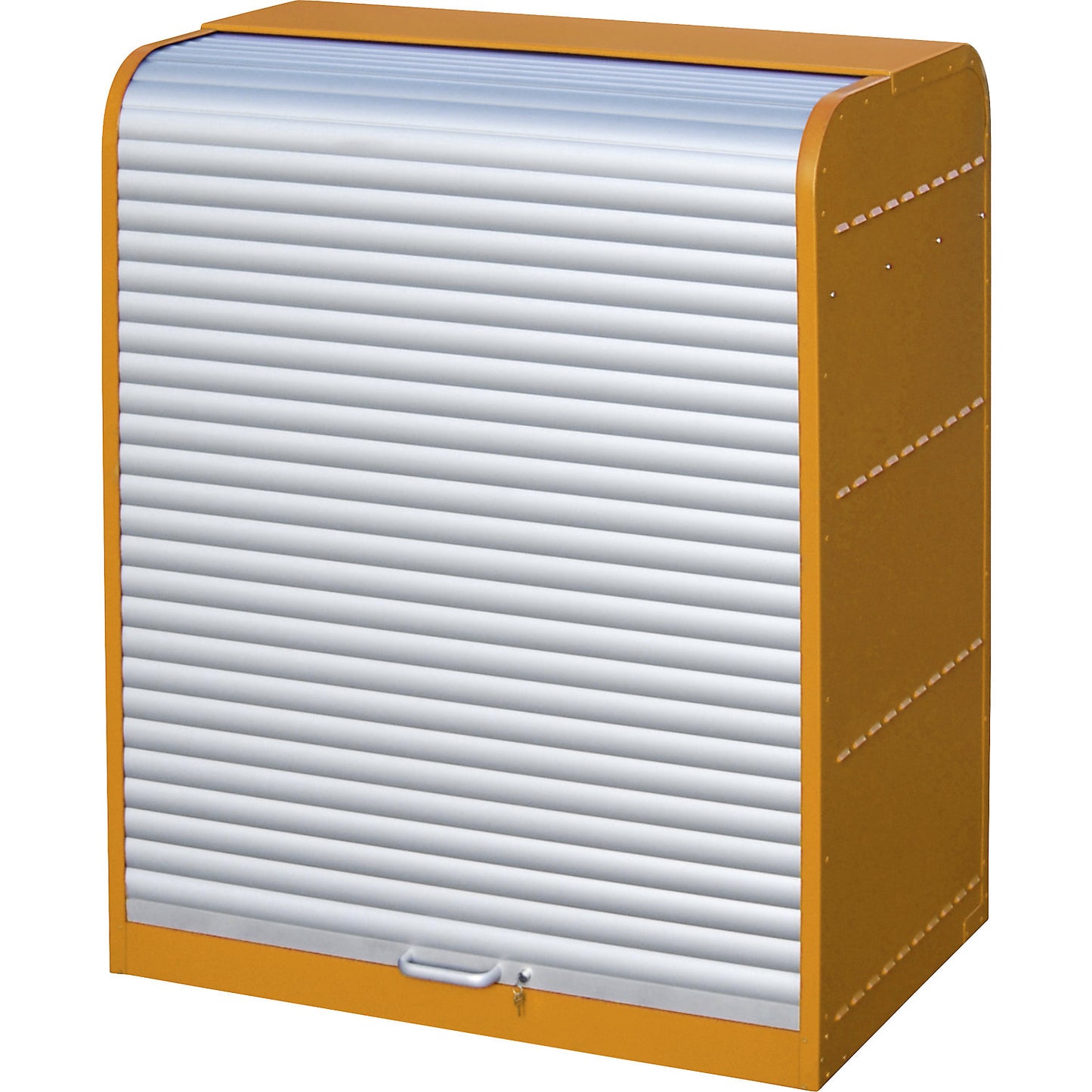 Steel hazardous goods storage with roller shutter, for 6 x 60 litre drums, 1 tray shelf, orange.