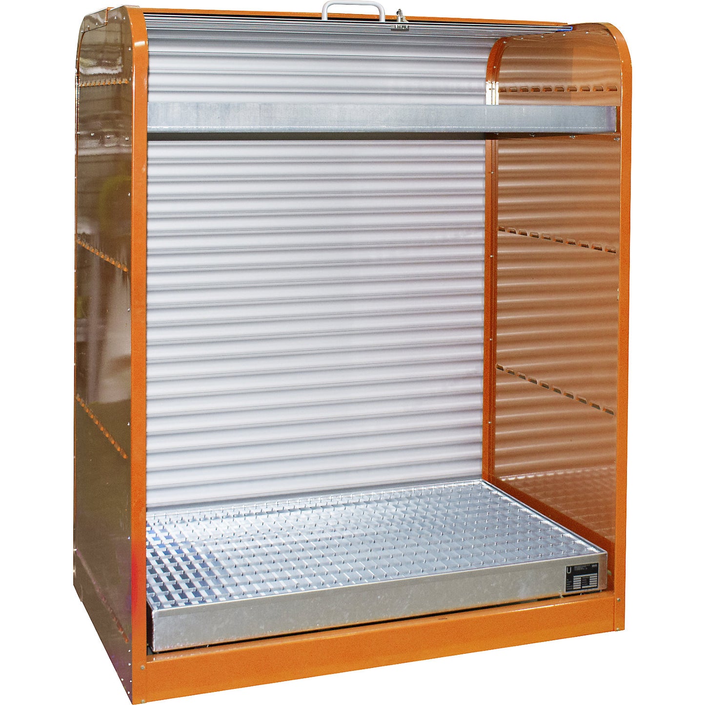 Steel hazardous goods storage with roller shutter, for 6 x 60 litre drums, 1 tray shelf, orange.