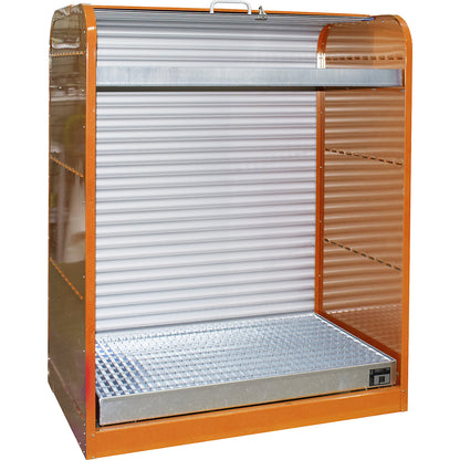 Steel hazardous goods storage with roller shutter, for 6 x 60 litre drums, 1 tray shelf, orange.